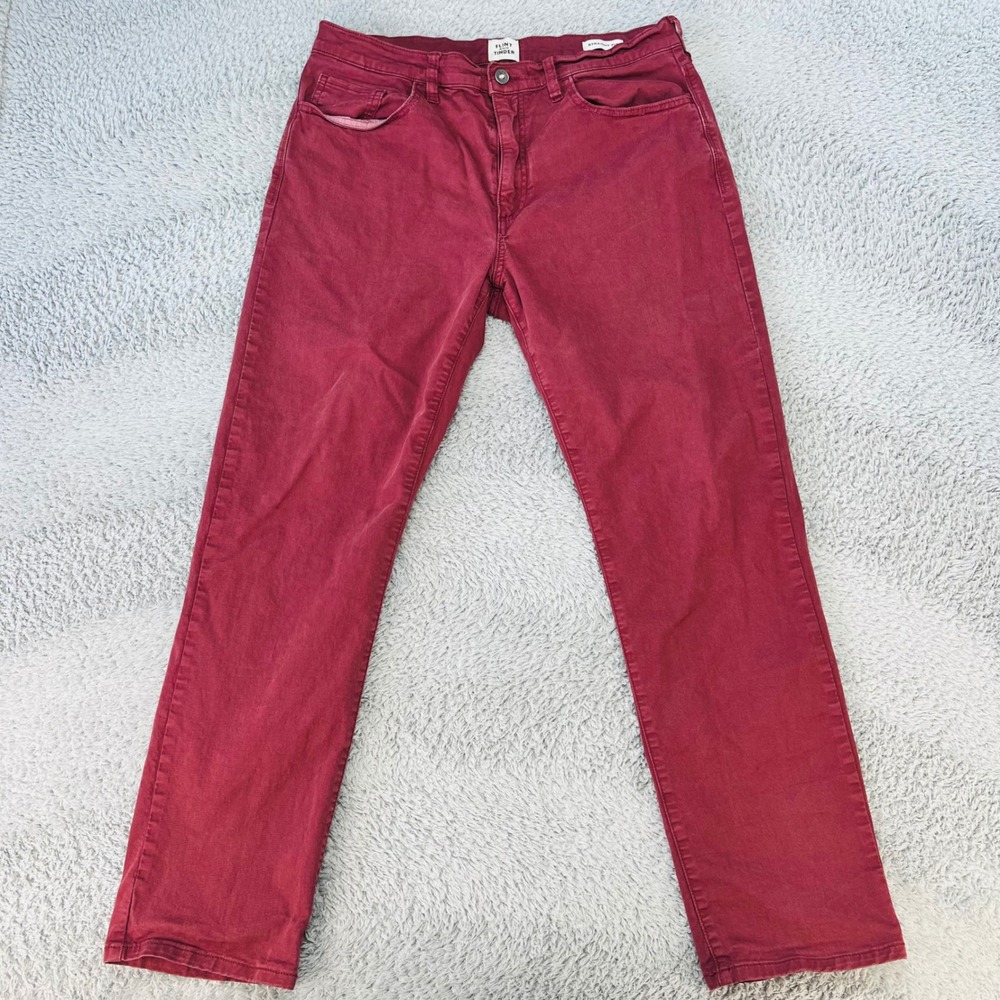 Flint and Tinder Jeans Mens 33x30 Burgundy‎ Straight Fit Twill Washed Denim